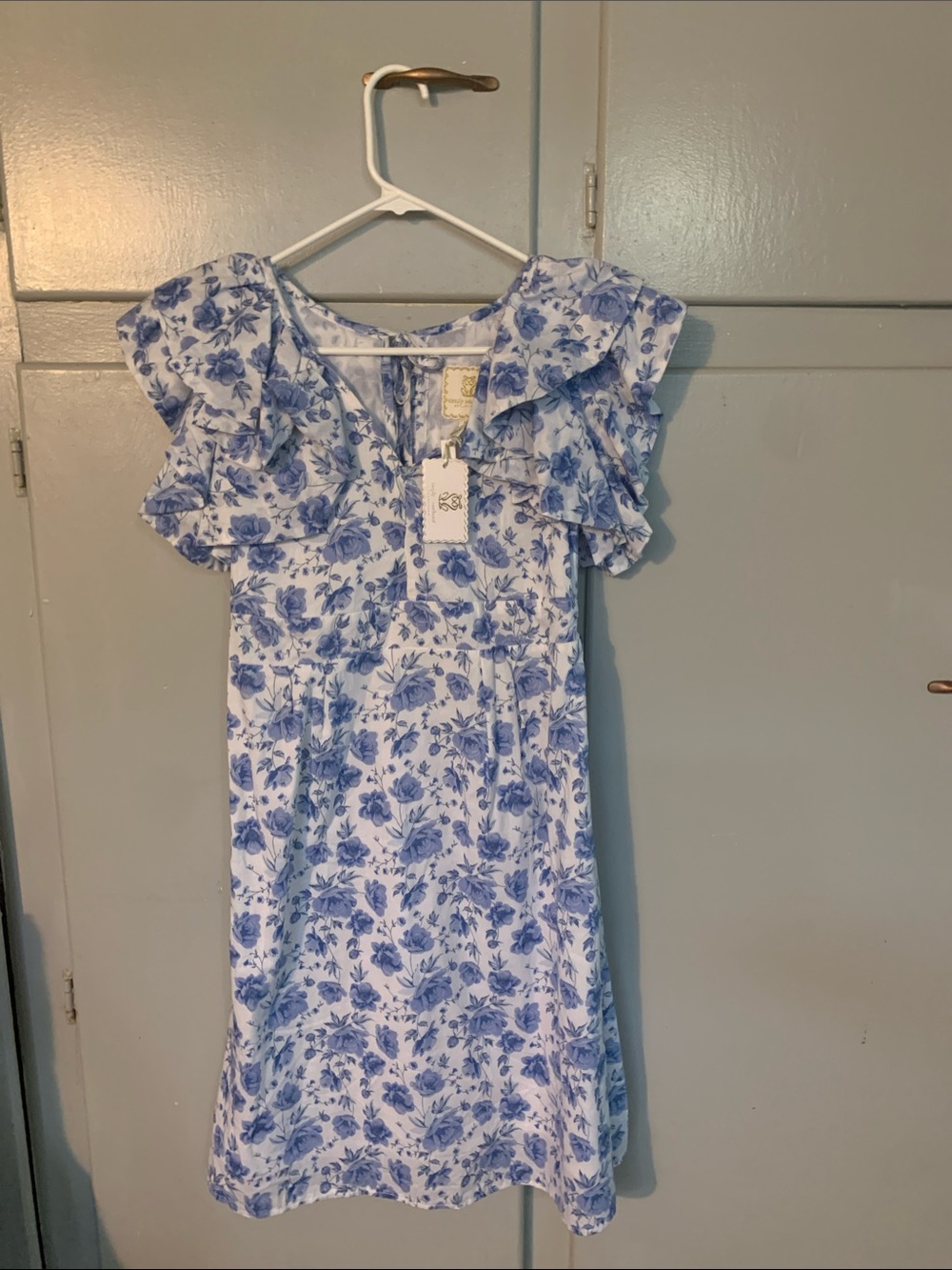 Women Blue Floral Ruffle-Sleeve Dress